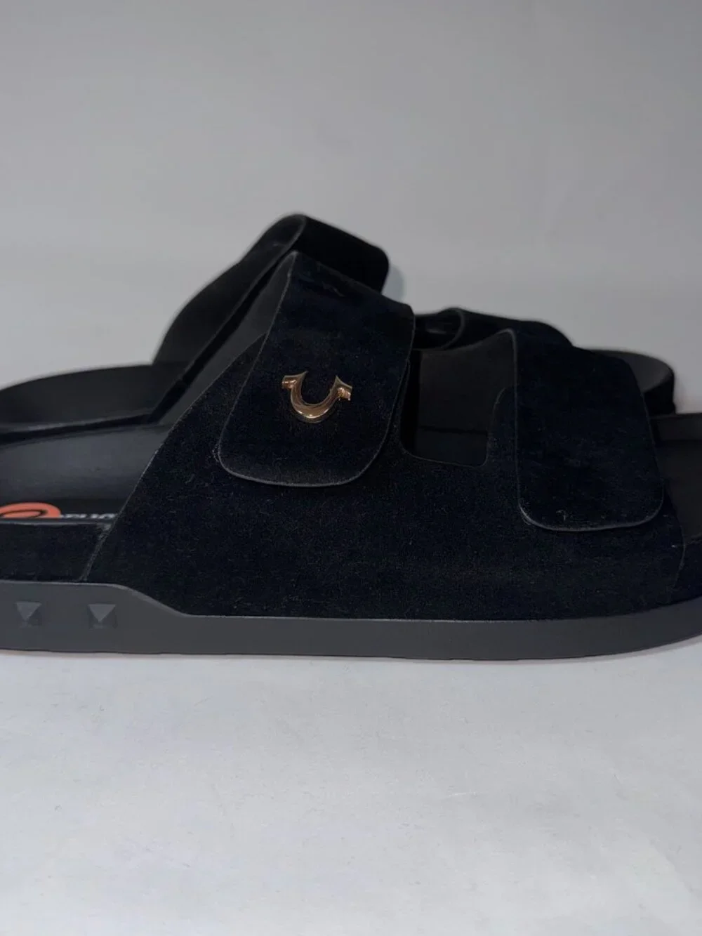 True Religion Men's Sean double-strap sandals in black,metal horseshoe logo hard